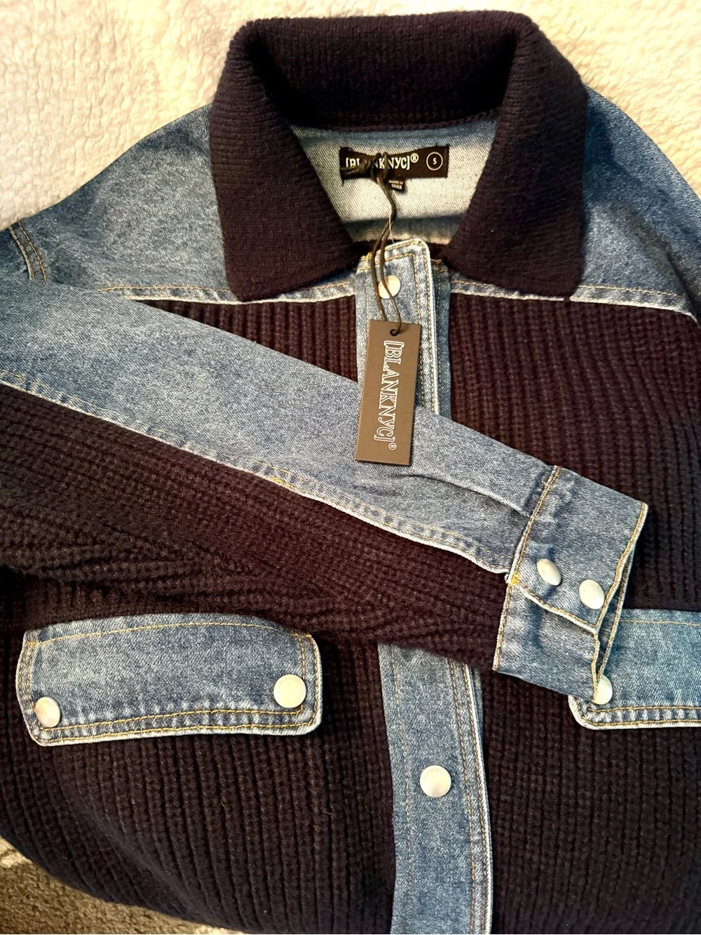 Blank NYC womens Navy Knit & Light Blue Denim Hybrid Sweater Jacket size small